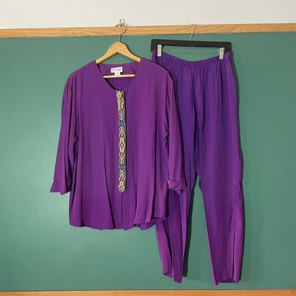Vintage 1990s silk blouse with gold embellishments and matching pants